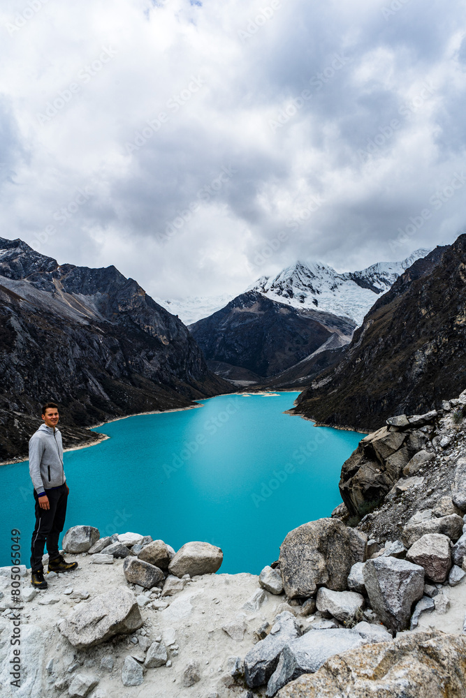 panormaic view of laguna paron in the snow-covered andes in the Huascarán national park in peru