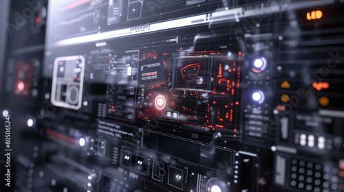 Close-up of a high-tech server rack with glowing red indicators and advanced components. © Artsaba Family