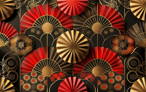 Seamless pattern with fans and chinese fans. Vector illustration.