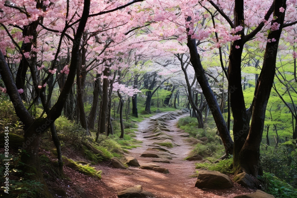 Obraz premium Forest Bathing Trail: A trail designed for Shinrin-yoku (forest bathing) with cherry trees.