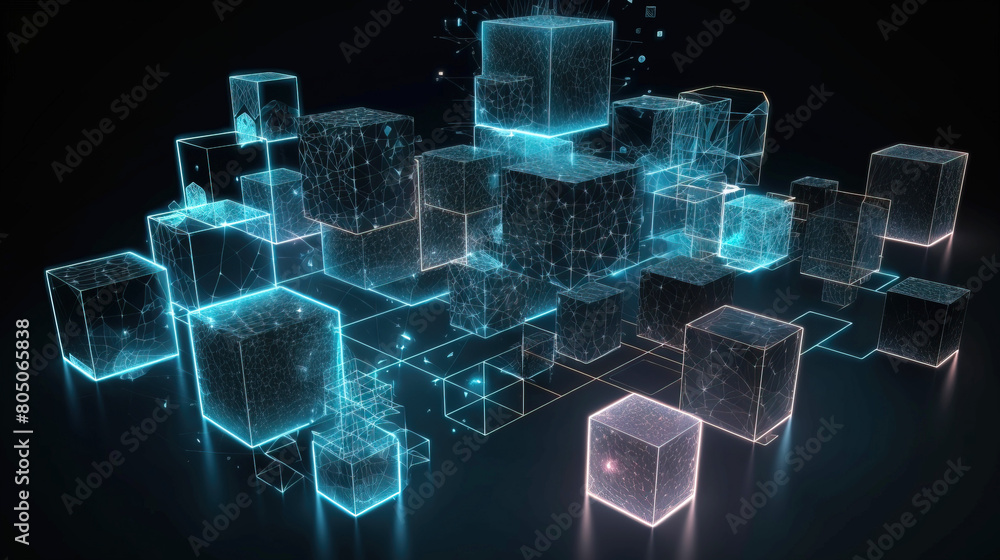 Fototapeta premium Artificial intelligence, composition of neon brain cubes on a dark background, isolate. AI generated.