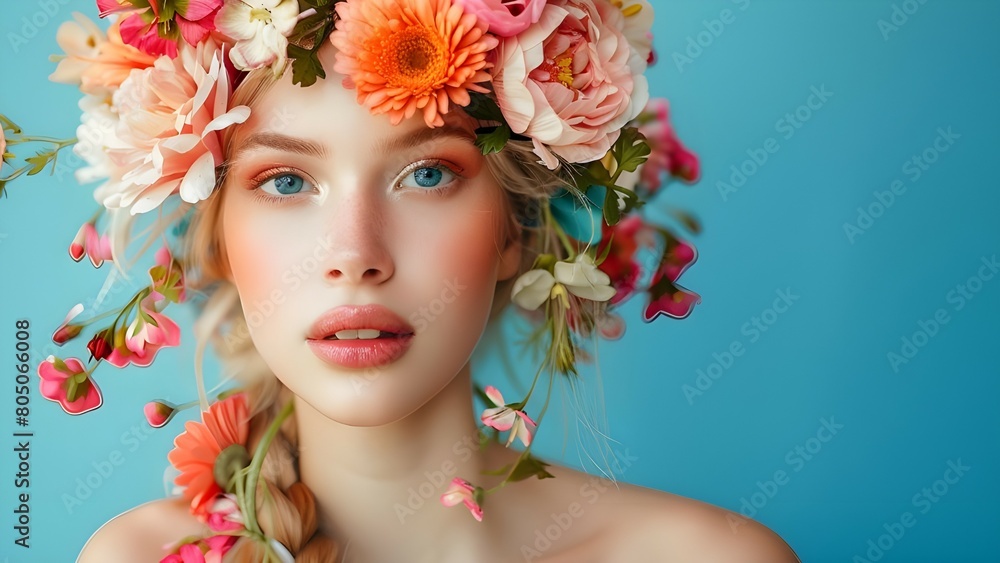 Beautiful blond woman model with flower on the blue background Beautiful blond woman model with flower on the blue background