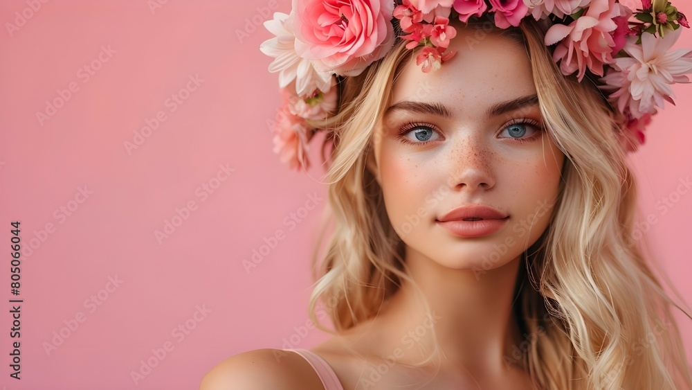 Fototapeta premium Beautiful blond woman model with flower on the pink background