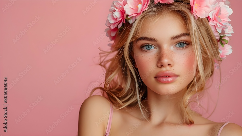 Beautiful blond woman model with flower on the pink background Beautiful blond woman model with flower on the pink background