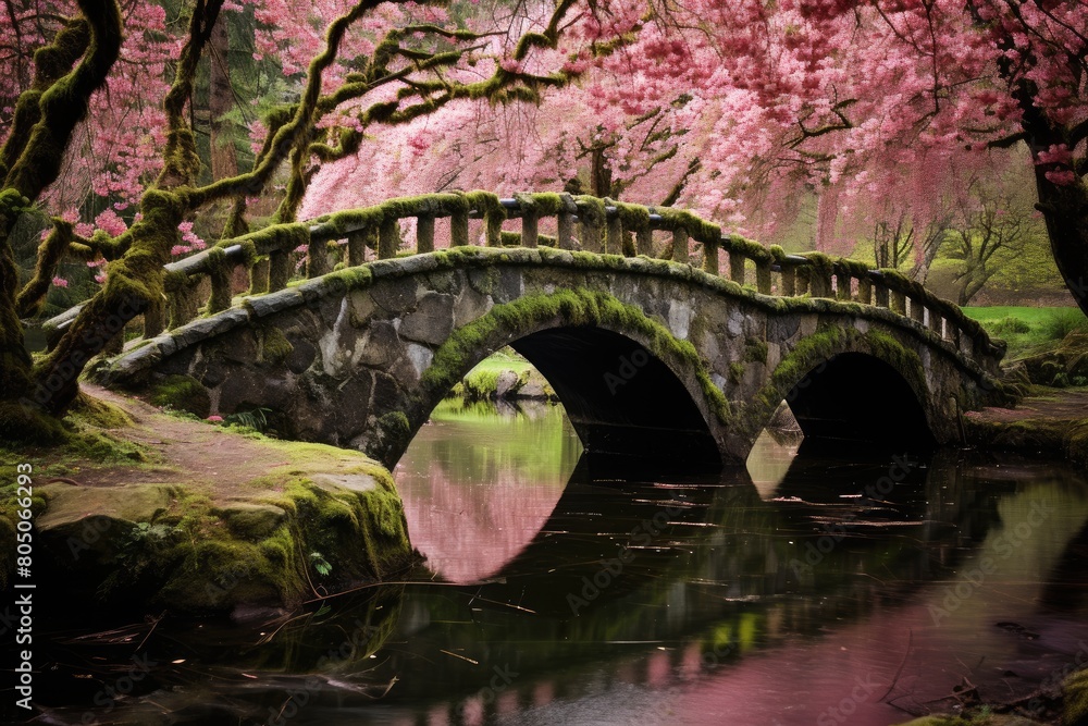 Moss-Covered Bridge: A picturesque bridge covered in moss, leading to a cherry blossom grove.