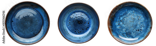 Blue plate set PNG. Blue ceramic plate PNG. Blue plate with texture top view isolated. Plate flat lay PNG