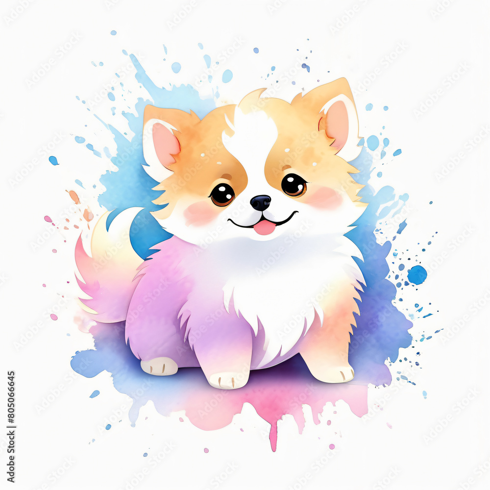 Cute pomeranian dog with watercolor splashes. illustration.