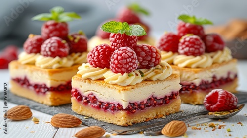   A tight shot of a cake slice topped with red raspberries and surrounded by almonds