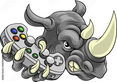 Rhino Rhinoceros Gamer Gaming Cartoon Mascot