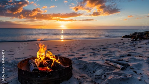 A fire pit on a beach with sunset background
