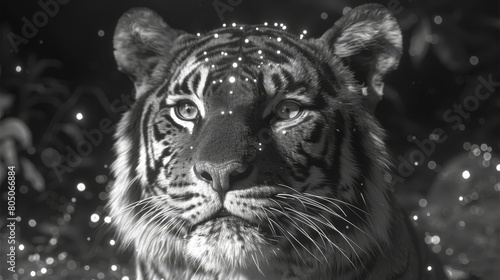 A monochrome image of a tiger's face, adorned with snowflakes on its fur
