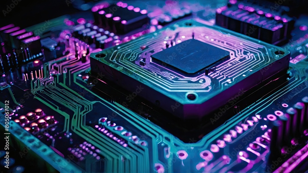 a close up of a computer circuit board with a blue and purple light a close up of a computer circuit board with a blue and purple light