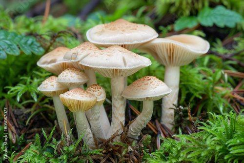 Detailed view of a cluster of mushrooms in a forest, showcasing the diversity and essential role of fungi in ecosystems 