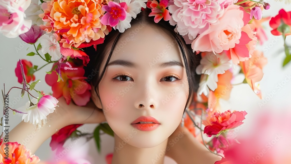 Beautiful asian woman model with flower on the white background Beautiful asian woman model with flower on the white background