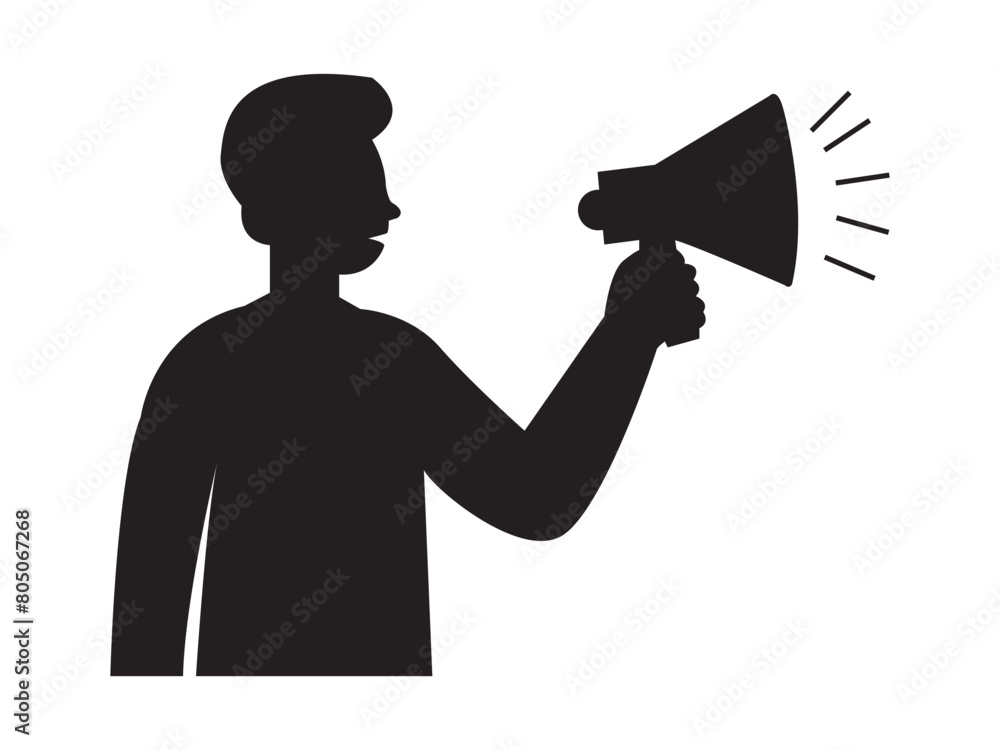 Business man screaming with a megaphone loudspeaker. advertising announcement cry information concept, black silhouette vector, Business man screaming with a megaphone loudspeaker. advertising announcement cry information concept, black silhouette vector,