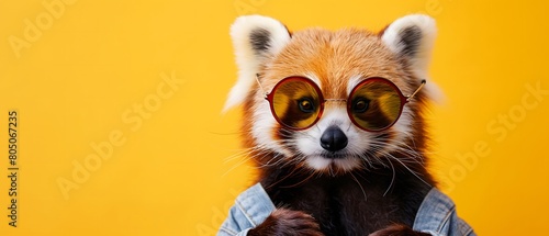 Red Panda (Ailurus) with really cool sunglasses, wearing hoodie, yellow background photo