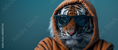 Tiger with cool and dark sunglasses and cool hoodie, blue background photo
