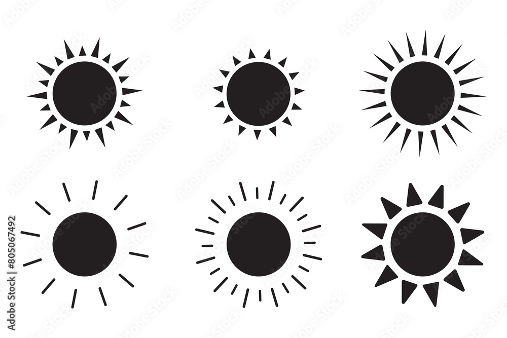 Fototapeta premium Sun icon set, Sun symbol vector, black suns star icons collection. Summer, sunlight, nature, sky sunset