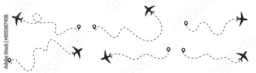 Airplane Plane routes line set. Planes dotted flight pathway. Plane paths. Aircraft tracking, planes, travel, map pins, location pins .start point line trace and plane routes.