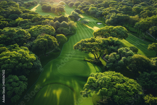 Drone shot of a sprawling golf course with rich green tones and well-kept gardens. AI generated.