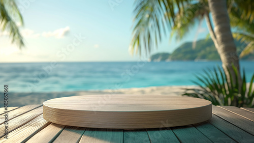 Display podium with tropical beach background. Summer themed display podium. Product presentation  mock up