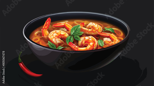 Bowl of tasty Thai soup with shrimps on dark background