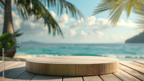 Display podium with tropical beach background. Summer themed display podium. Product presentation, mock up © Furkan