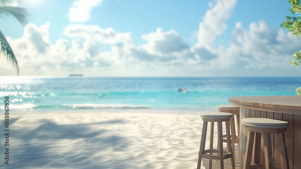 Display podium with beach bar background. Summer themed display podium. Product presentation, mock up, Summer cover background. Copy paste area for text Display podium with beach bar background. Summer themed display podium. Product presentation, mock up, Summer cover background. Copy paste area for text