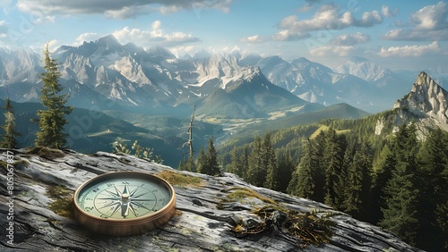 A compass in trails, cliffs, mountain. exploration concept