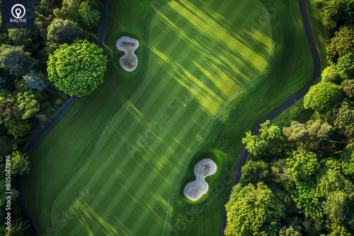 Top down view of a golf course showing complex green patterns and meticulous landscaping. AI generated.