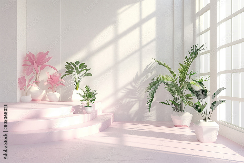 Empty living room interior with green and pink plants. Windows. Sun light shadow. Copy space podium. Empty living room interior with green and pink plants. Windows. Sun light shadow. Copy space podium.