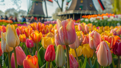 Rows of colorful tulips in floriculture farmland. Summer concept background. 