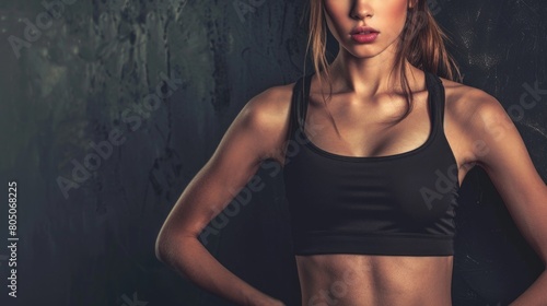 A woman is wearing a black tank top and is standing in front of a wall