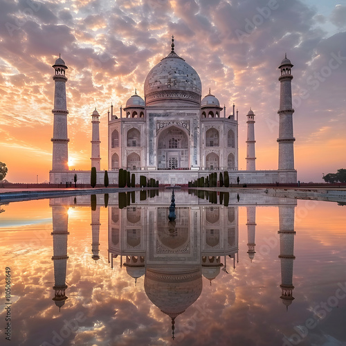 Stunning view of the taj mahal with reflection in water against a vibrant sunrise sky