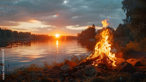 A bonfire on a beach with sunset background