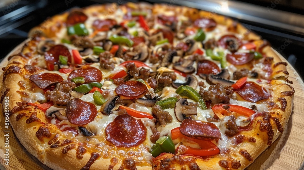 Delicious Pepperoni and Mushroom Pizza on Wooden Board Delicious Pepperoni and Mushroom Pizza on Wooden Board
