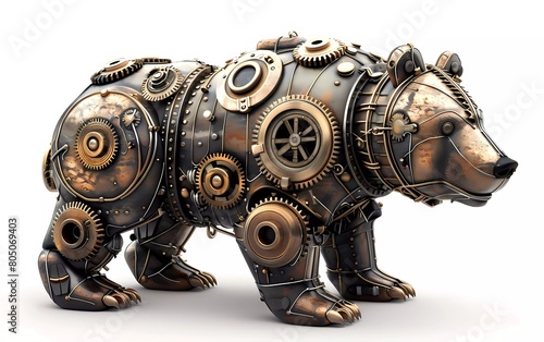 Render of a 3D illustration of a metal steampunk bear  on a white background