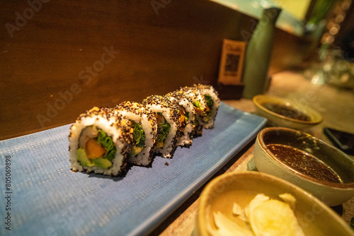 sushi plate in the maido japanese restaurant in lima