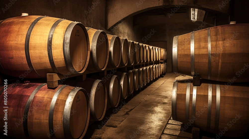Winery basement with wooden barrels and racks of old wine bottles. AI generated.