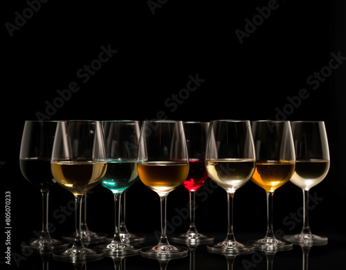 Group of glasses of wine of various varieties, black background isolate. AI generated.