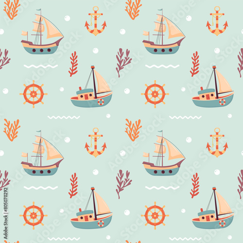 Nautical seamless pattern with cute sailing ships, anchor, ship's rudder 