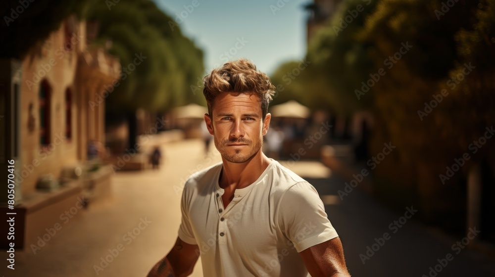 Handsome Young Man Posing on a Sunny Street in Casual White Shirt Handsome Young Man Posing on a Sunny Street in Casual White Shirt