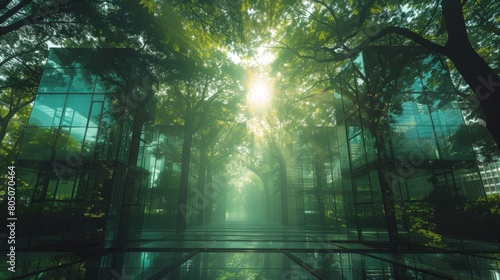 Green City Concept  Double Exposure of Lush Forest with Modern Glass Buildings
