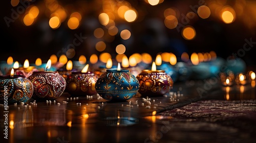 Illuminated Clay Diya Lamps on Diwali Celebration, Traditional Indian Festival of Lights photo