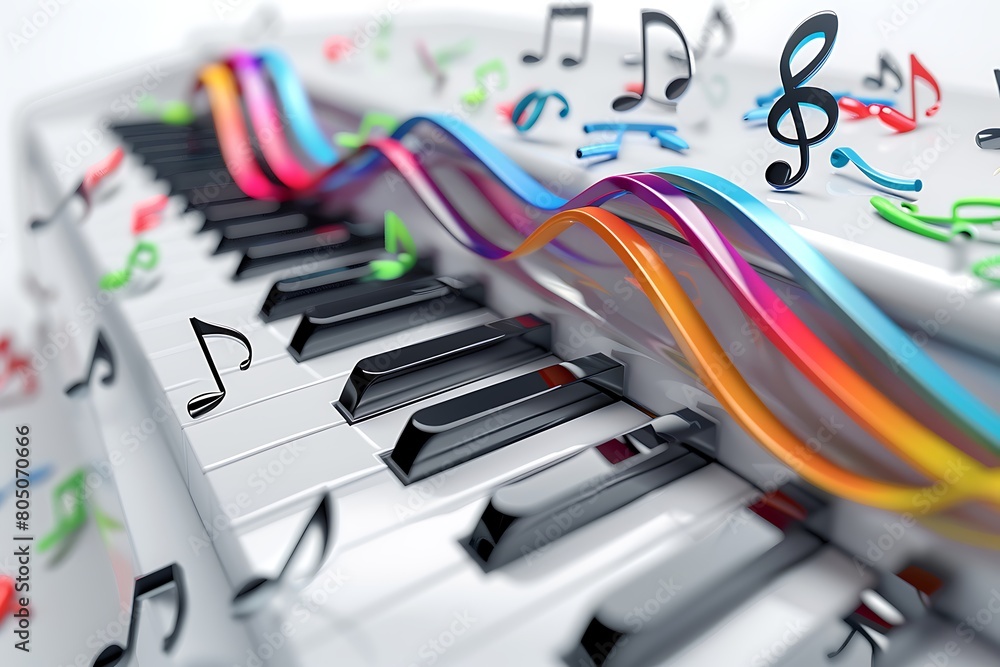 Piano Wavy Keyboard and Music Notes 3D Illustratio. Piano Keyboard with ...