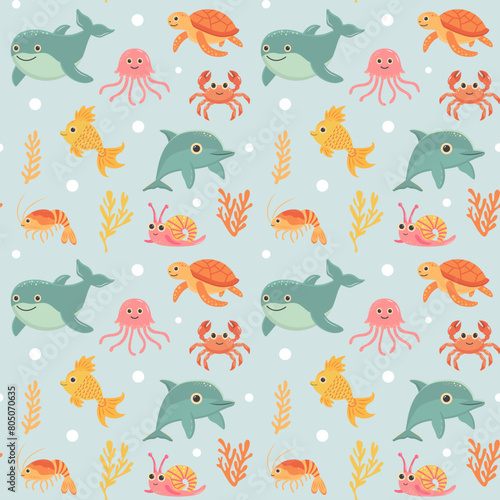 Nautical seamless pattern with cute sea animals. Marine print for fabric