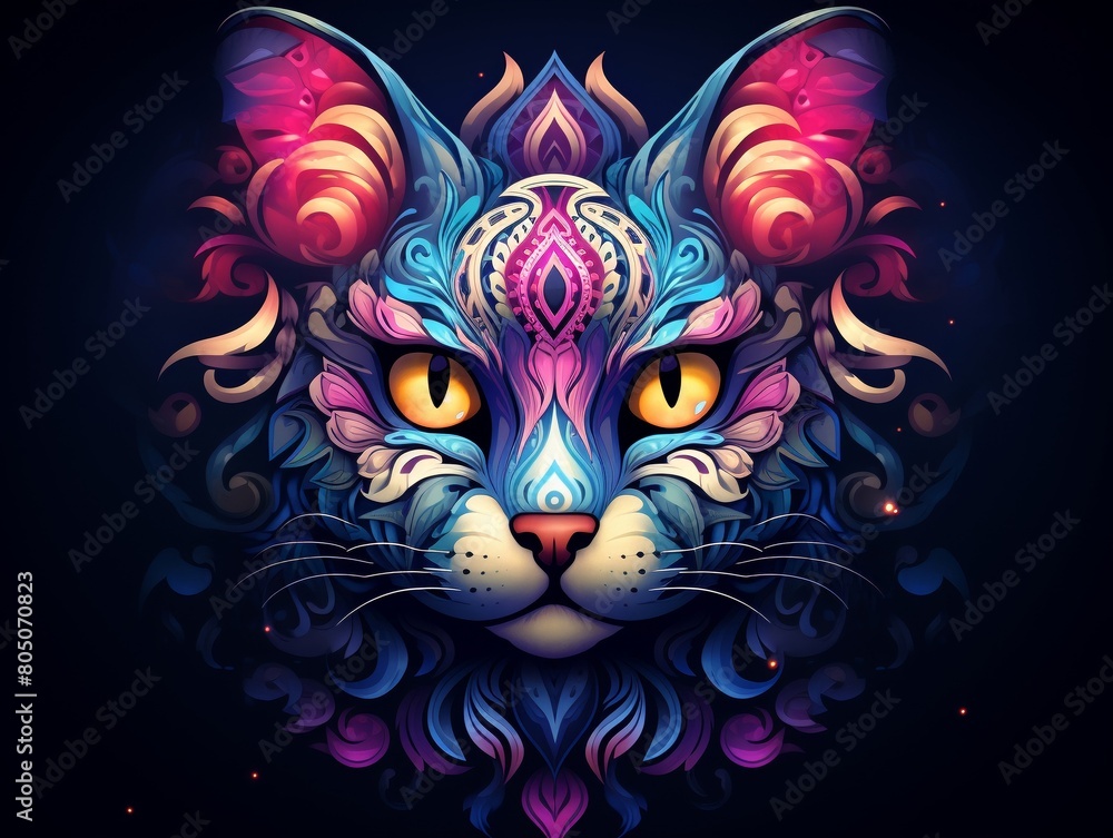 The image shows a psychedelic cat with vibrant colors and intricate patterns.