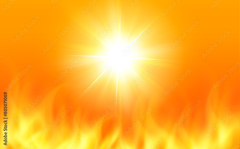 The sun in flames, an orange background with flames as a symbol of fires and hot weather natural disaster The sun in flames, an orange background with flames as a symbol of fires and hot weather natural disaster