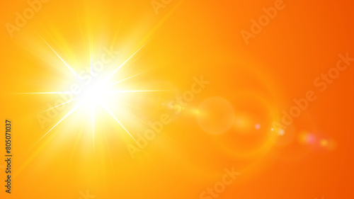 Sunny background, orange sun with lens flare, hot weather concept, summer background illustration.