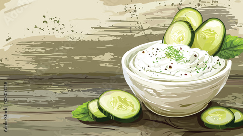 Bowl with tasty tartare sauce and pickled cucumbers o